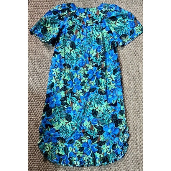 VTG Hilo Hattie Dress Large Maxi Muumuu  Ruffle Hem  Blue Floral Hawaiian Aloha - Picture 2 of 6
